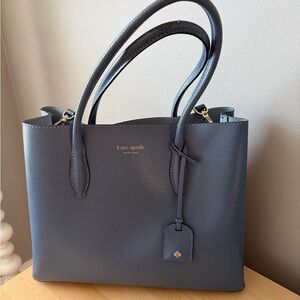 kate spade blue leather tote with gold logo